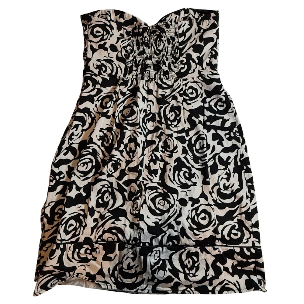 Romy Black White Floral Rose Strapless Sweetheart Smocked Mini Dress Womens M - Picture 6 of 6